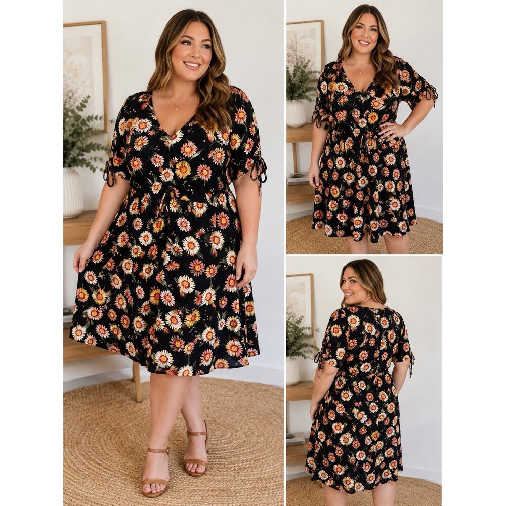Derek Heart Plus 2X Black Floral Dress Tie Sleeve Fit Flare Boho Witchy Fairy - Picture 1 of 8